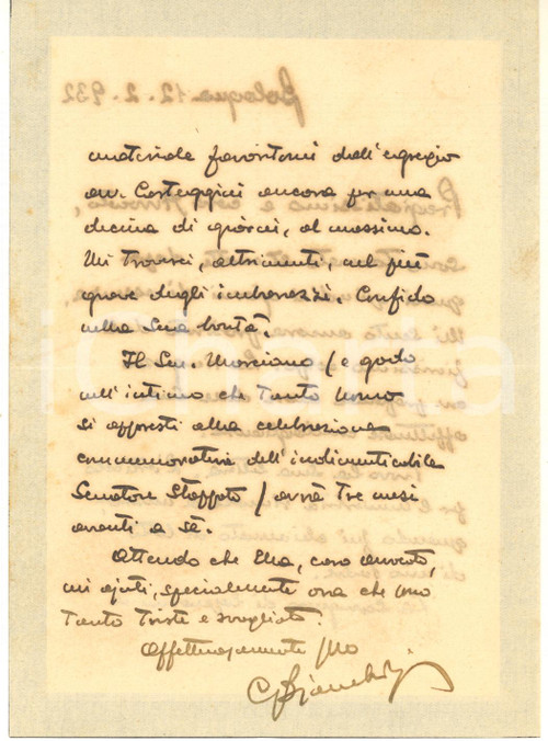 1932 BOLOGNA Lettera Camillo BIANCHEDI per commemorazione - AUTOGRAFO
