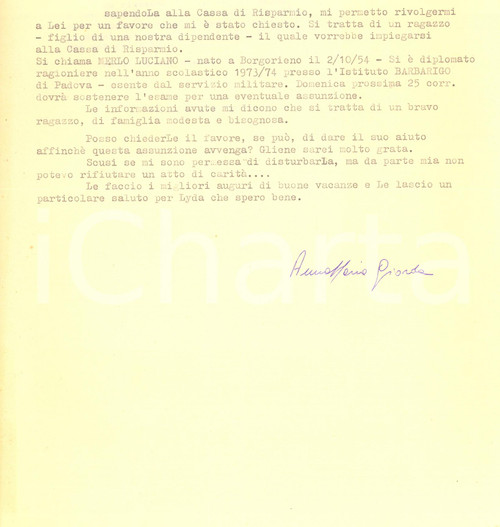 1976 PADOVA Lettera suor Anna Maria GIORDA - Istituto S. CUORE *Autografo