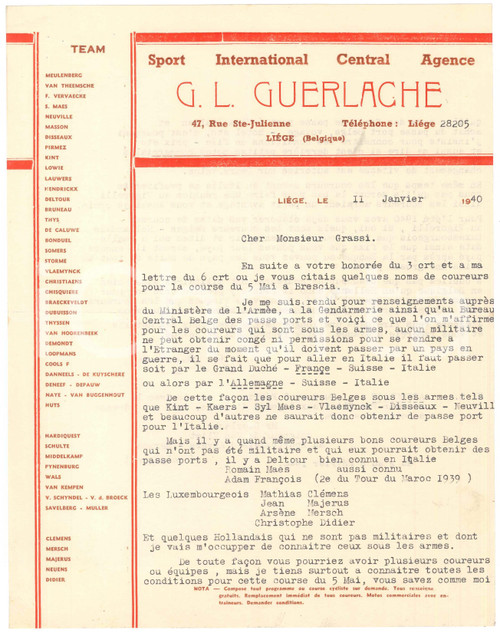 1940 CICLISMO LIEGI Guillaume GUERLACHE invia corridori non militari - Lettera