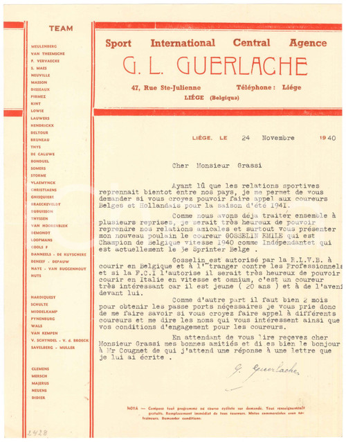 1940 CICLISMO LIEGI Guillaume GUERLACHE promuove Emile GOSSELIN - Lettera