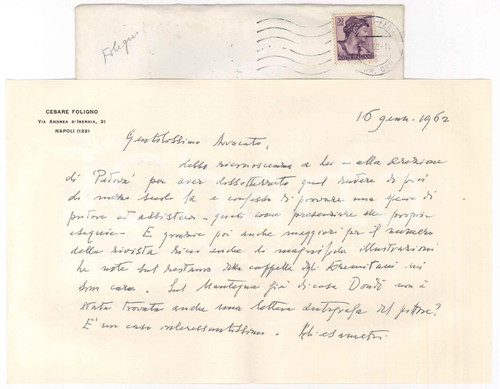 1962 NAPOLI Lettera Cesare FOLIGNO per ringraziamento - AUTOGRAFO