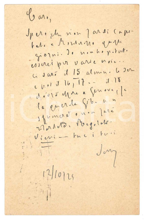 1929 ROMA Padre Giovanni SEMERIA in partenza per Genova *AUTOGRAFO