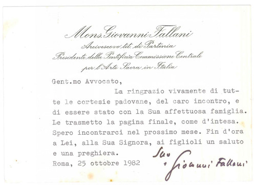 1982 ROMA Mons. Giovanni FALLANI ringrazia per ospitalitÃ  *Biglietto AUTOGRAFO Biglietto dattiloscritto con firma autografa.  FAIR/discreto macchie marginali FORMATO: 15x11 cm originale e autentica 1
