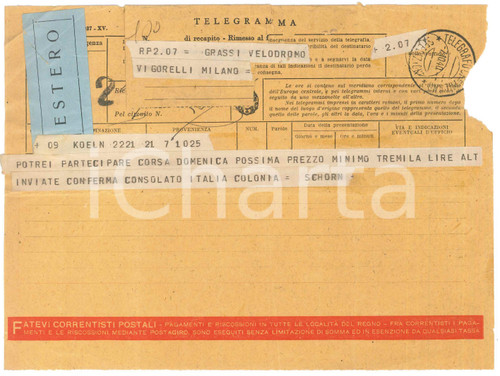 1940 CICLISMO KOELN Telegramma Jean SCHORN per nuovo ingaggio