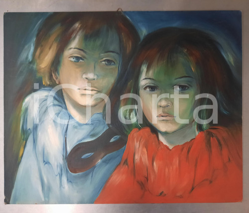 1980 ca ARTE - ALLEGRINI - Ritratto di due bambini con maschera - Tempera 50x40
