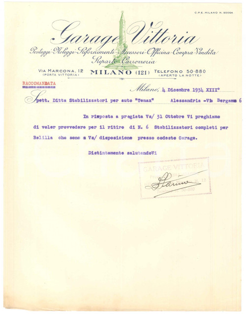 1934 MILANO Via Marcona 12 - Garage VITTORIA Officina - Lettera