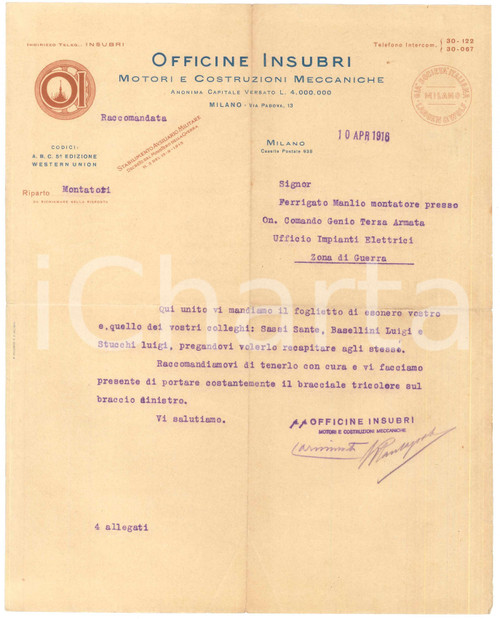1916 MILANO Via Padova 13 - OFFICINE INSUBRI - Motori *Lettera Lettera commerciale, originale d'epoca, su carta intestata.PAGINE: 1 CONDIZIONI:FAIR/discreto piegature d'epoca originale e autentica 1