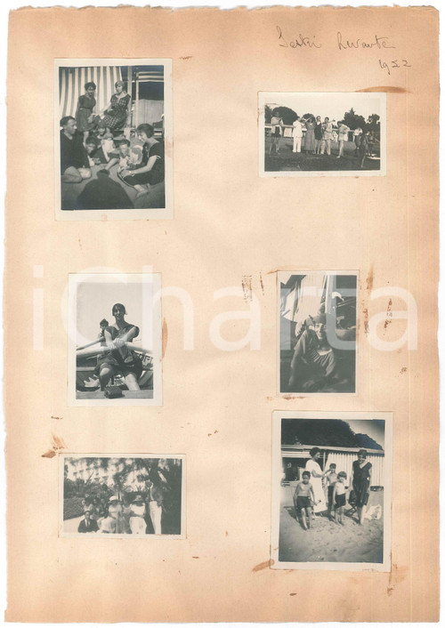 1922 SESTRI LEVANTE Turisti al Grand Hotel Jensch - Spiaggia (3) *Lotto 6 foto Lotto di 6 fotografie originali d'epoca, montate su carta. GOOD/buono minimi residui di colla Formato: 6x8 e 4,5x6,5 cm (fotografie); 22x32 cm (pagina) originale e autentica 1