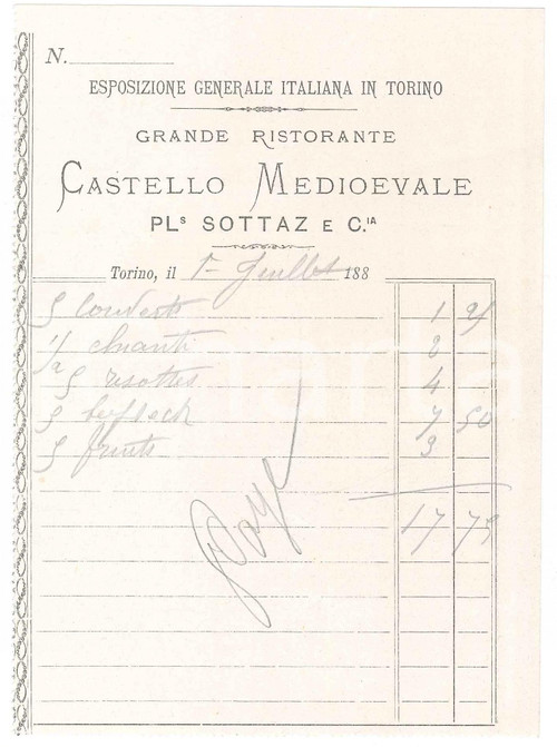 1884 TORINO Esposizione Generale Italiana - Ristorante Castello Medioevale CONTO