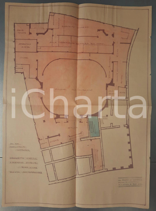 1925 ca MILANO Edificatrice VITTORIA - Progetto cinema SAN CARLO - Sotterraneo Planimetria d'epoca, a stampa.Si tratta del progetto dell'ing. Fausto De Dominicis per il cinema san Carlo, situato in corso Vittorio Emanuele II 30 (angolo con via Pasquirolo, non pi&ugrave; esistente), realizzato dalla Soc. A. Edificatrice Vittoria.Il cinema fu inaugurato il 27 aprile 1928.  FAIR/discreto piegature d'epoca; piccoli strappi marginali FORMATO: 40x55 cm originale e autentica 1