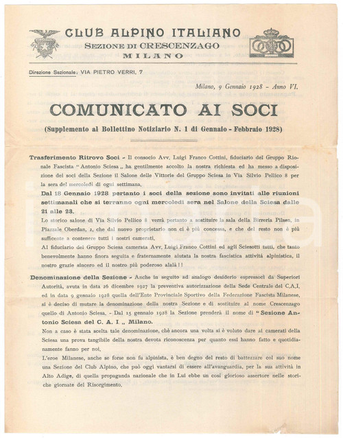 1928 CAI MILANO CRESCENZAGO Nuovo ritrovo al Gruppo Rionale ANTONIO SCIESA