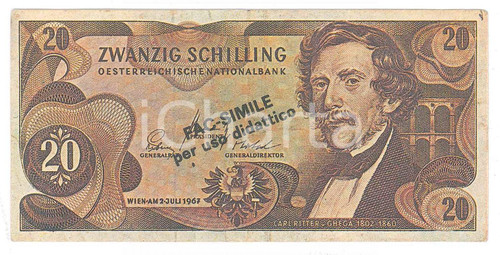 1980 ca AUSTRIA 20 scellini *Banconota FACSIMILE a uso didattico VICTOR PRODUCTS