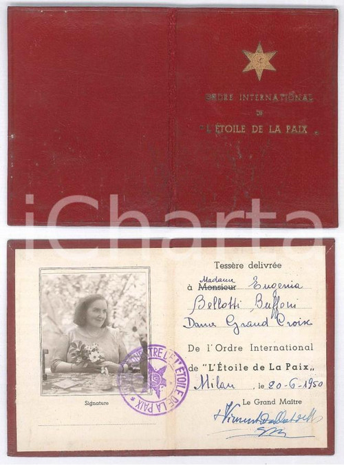 1950 MILANO Ordre International ETOILE DE LA PAIX - Tessera con foto