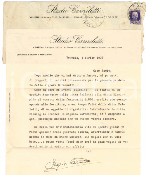 1936 VENEZIA Lettera Sergio CARNELUTTI a un collega per pendenza - Autografo