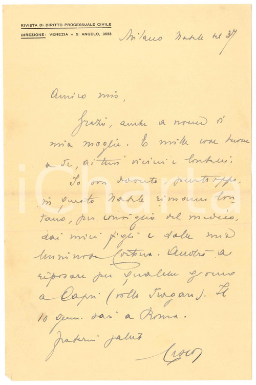 Natale 1937 MILANO Lettera Francesco CARNELUTTI per auguri *AUTOGRAFO