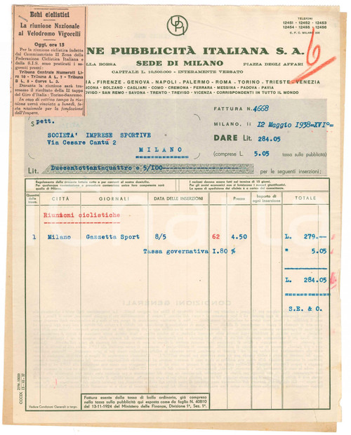 1938 MILANO Unione Pubblicità Italiana - Fattura per inserzioni CICLISMO