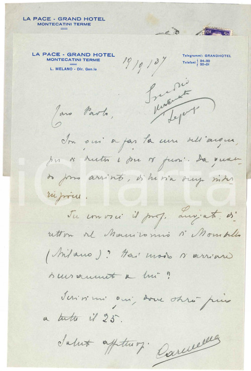 1937 MONTECATINI TERME Lettera Francesco CARNELUTTI - Cure termali *AUTOGRAFO