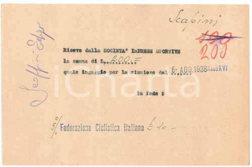 1938 CICLISMO MILANO Ricevuta Edgar SCAPPINI - Ingaggio corsa *Autografo