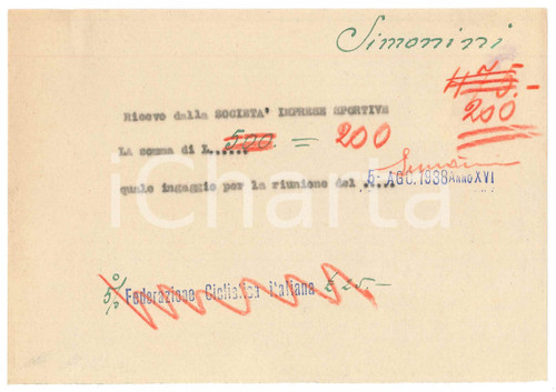 1938 CICLISMO MILANO Settimio SIMONINI - Ricevuta ingaggio riunione - AUTOGRAFO