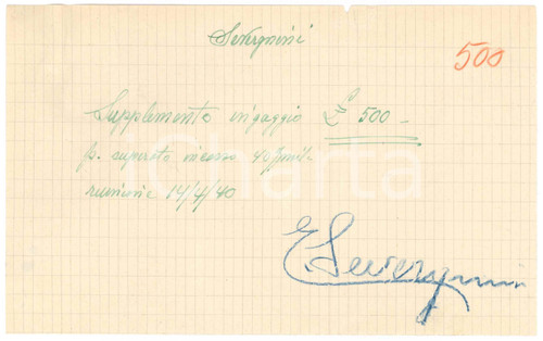 1940 CICLISMO MILANO Ricevuta Edoardo SEVERGNINI - Supplemento *AUTOGRAFO