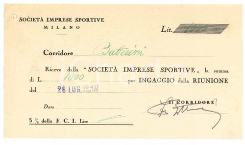 1940 CICLISMO MILANO Ricevuta Fabio BATTESINI - Ingaggio VIGORELLI - AUTOGRAFO