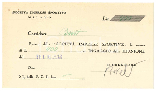 1940 CICLISMO MILANO Ricevuta Alfredo BOVET - Ingaggio VIGORELLI - AUTOGRAFO