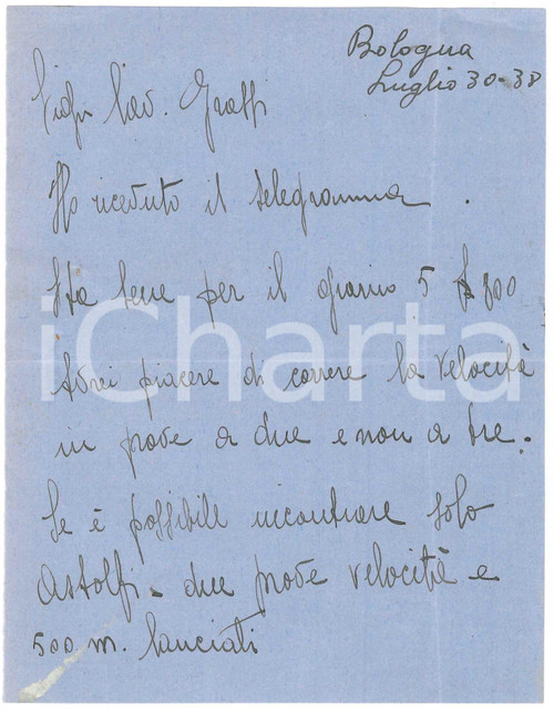 1938 CICLISMO BOLOGNA Lettera Bruno LOATTI per gara a due - AUTOGRAFO