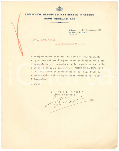 1943 MILANO CONI Emilio COLOMBO ringrazia per GIRO PROVINCIA DI MILANO A COPPIE