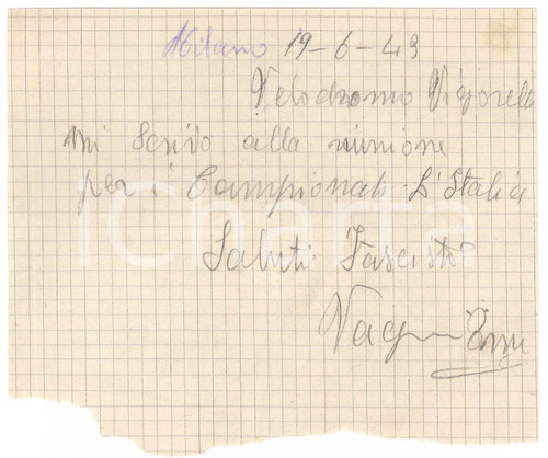 1949 MILANO CICLISMO Enrico VAGNI si iscrive ai campionati italiani *Autografo