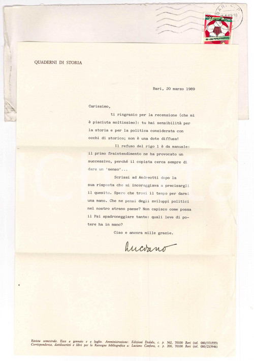 1989 BARI Luciano CANFORA attende un aiuto da Giulio Andreotti - Autografo