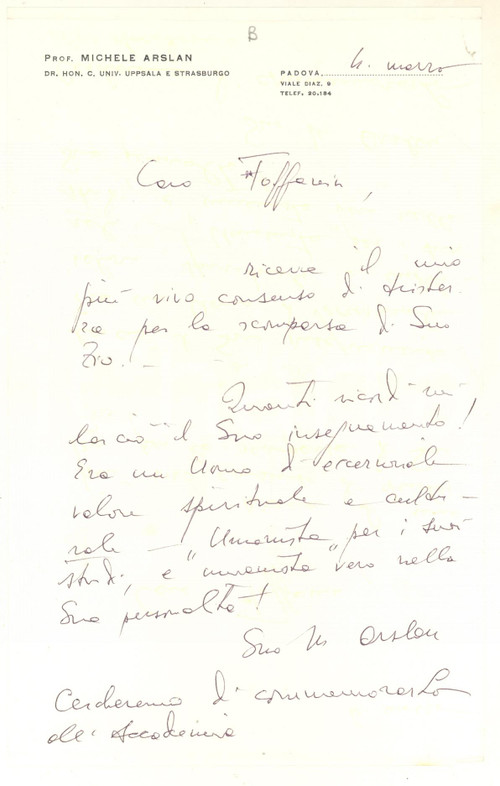 1980 PADOVA Policlinico - Lettera Michele ARSLAN per condoglianze - AUTOGRAFO