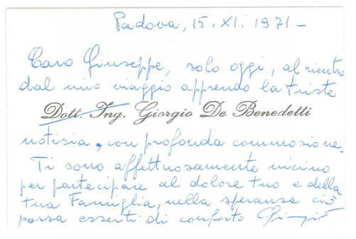 1971 PADOVA Ing. Giorgio DE BENEDETTI - Condoglianze *Biglietto AUTOGRAFO