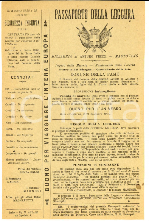 1890 ca Arturo FRIZZI Passaporto della Leggera - Comune della Fame - CURIOSO