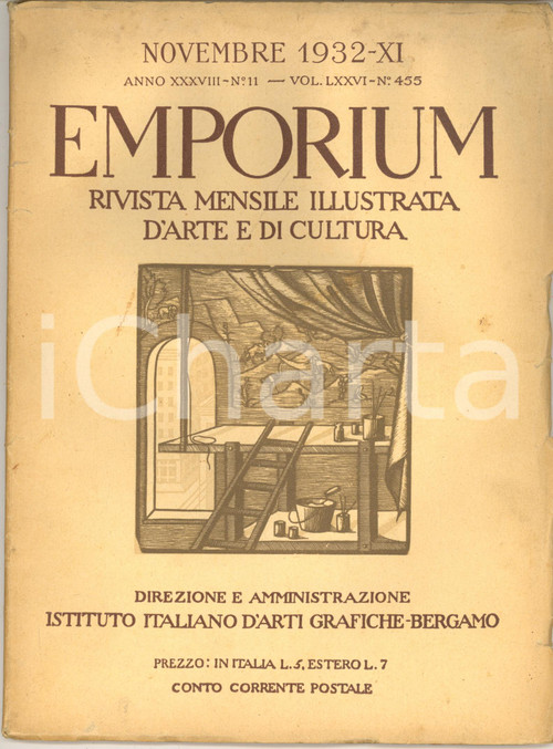 1932 EMPORIUM Ritratti DUCE decennale fascismo - ILLUSTRATA Vol. LXXVI nÂ°455  DATA: Novembre 1932LUOGO: BERGAMOTITOLO: EMPORIUMRIVISTA MENSILE ILLUSTRATA D'ARTE E DI CULTURAAnno XXXVIII Vol. LXXIII n. 436DESCRIZIONE: Rivista d'arte d'epoca.All'interno, articoli di Francesco Sapori con ritratti del Duce per il primo decennale dell'era fascista e di Jahn Rusconi sulla Galleria di Siena.Numerose illustrazioni e pubblicit&agrave; d'epoca all'interno.EDITORE: Istituto italiano d'arti grafiche - BergamoPAGINE: 60 circaFORMATO: cm 20 x 27CONDIZIONI: FAIR (gualciture e piccoli strappi in copertina)    originale e autentica 1