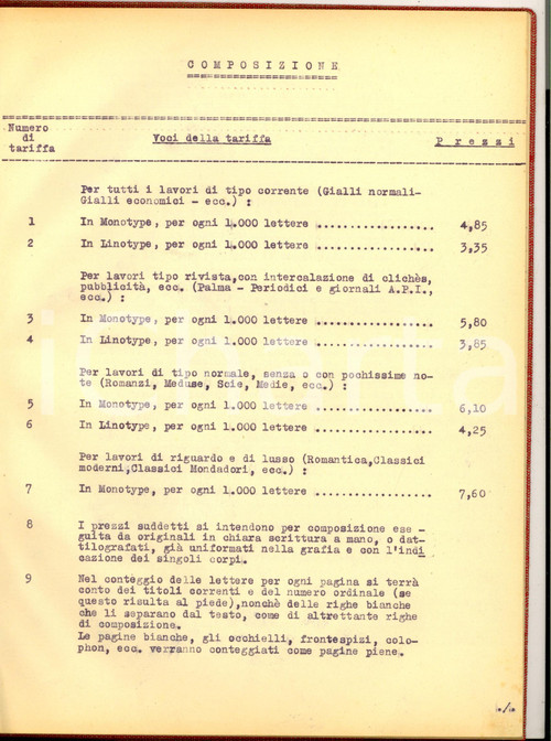 1941-1942 Casa Editrice MONDADORI - Tariffe lavori tipografia - Registro 38 pp.