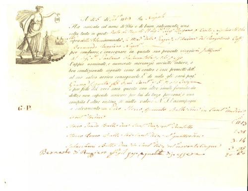 1819 PORTO DI NAPOLI Ricevuta Bernardo RUGGIERO per imbarco merci su polacca