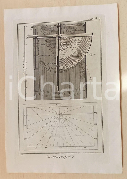 1779 DIDEROT EncyclopÃ©die - GNOMONIQUE - Suppl. Pl. 7 - Engraving 27x40 cm Tavola originale d'epoca, autentica, proveniente dall' "Enciclopedia" di Diderot.CONDIZIONI: GFORMATO: 27x40 cm     originale e autentica 1