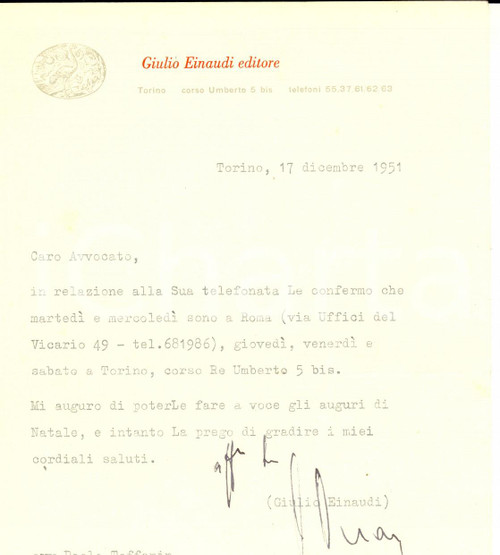 1951 TORINO Lettera Giulio EINAUDI a un avvocato per appuntamento - Autografo