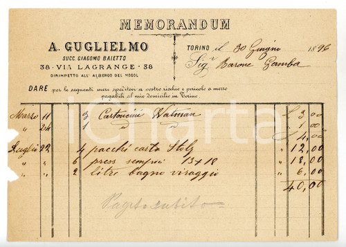 1896 TORINO Via Lagrange - A. GUGLIELMO *Memorandum su carta intestata