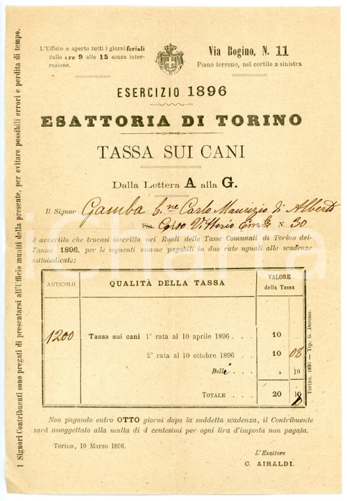 1896 ESATTORIA DI TORINO Tassa sui cani - Barone Carlo Maurizio GAMBA *Fattura Fattura su carta intestata.CONDIZIONI: FAIR (piegature d'epoca; forellini al margine superiore)FORMATO: 17x25 cm     originale e autentica 1