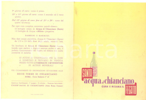 1940 ca Regie Terme di CHIANCIANO -  ACQUA SANTA - Pieghevole pubblicitario Pieghevole pubblicitario d'epoca, su carta pesanteCONDIZIONI: FAIR (lievi macchie e millimetrico strappo al lato destro)FORMATO: 14x19 cmPAGINE: 4 facciate    originale e autentica 1