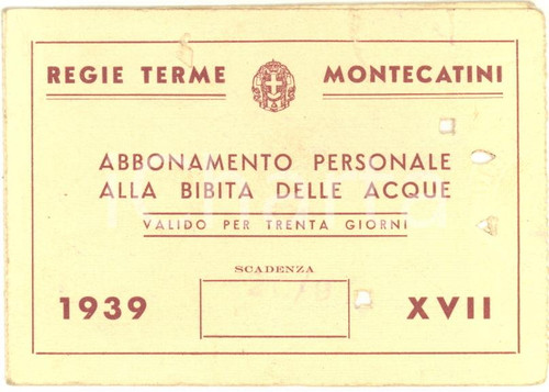 1939 REGIE TERME MONTECATINI - Abbonamento personale alla bibita delle acque Abbonamento d'epoca, con marca da bollo all'interno.Su 4 facciate.CONDIZIONI: FAIR (piegature, minime macchie e fori di vidimazione)FORMATO: 10x7 cm    originale e autentica 1