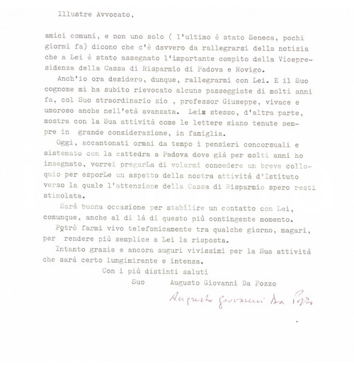 1981 PADOVA Lettera Augusto Giovanni DA POZZO per congratulazioni - Autografo