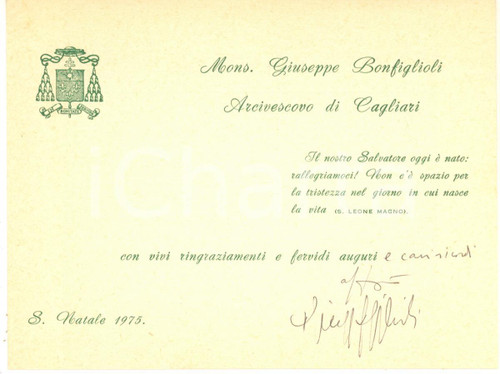 1975 CAGLIARI Mons. Giuseppe BONFIGLIOLI - Biglietto di auguri AUTOGRAFO