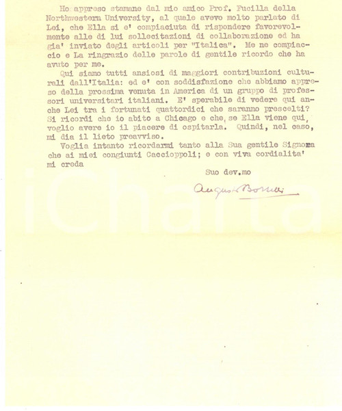 1946 CHICAGO Lettera Augusto BORSELLI a un collega italiano - Autografo Lettera dattiloscritta, con firma autografa.CONDIZIONI: G (piegature d'epoca)PAGINE: 1    originale e autentica 1