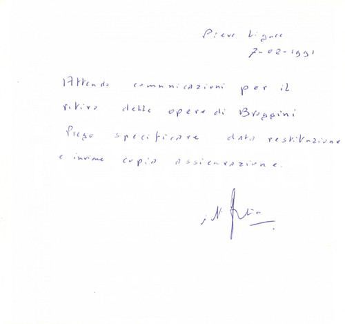 1991 PIEVE LIGURE Lettera ing. Nino FRESIA per ritiro opere Broggini - Autografo Lettera autografa, relativa al ritiro delle opere di Luigi Broggini.Busta intestata e viaggiata.CONDIZIONI: FAIR (piegature d'epoca)PAGINE: 1     originale e autentica 1