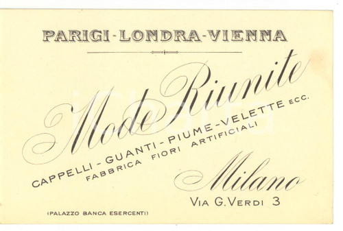 1910 ca MILANO Mode Riunite - Cappelli e guanti *Cartoncino PUBBLICITARIO FP