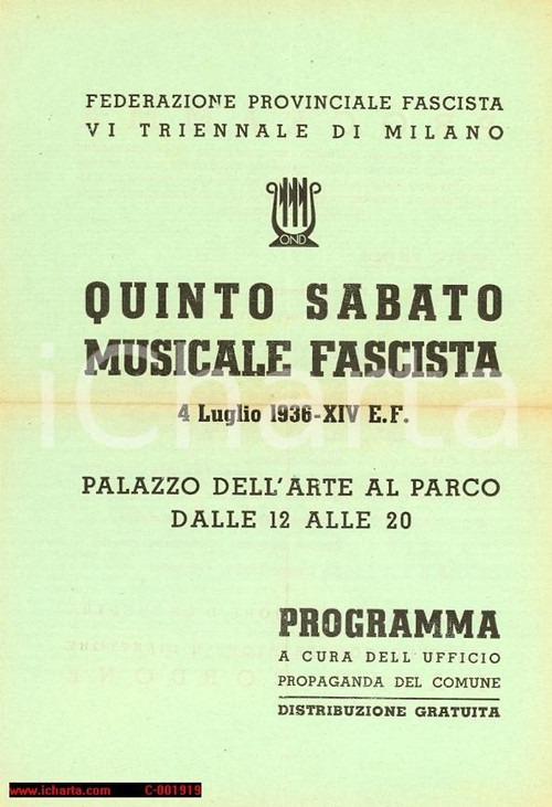 Documento originale, autentico 1936 MILANO Maestro Mario CORDONE Quinto Sabato Musicale Fascista *Programma 1