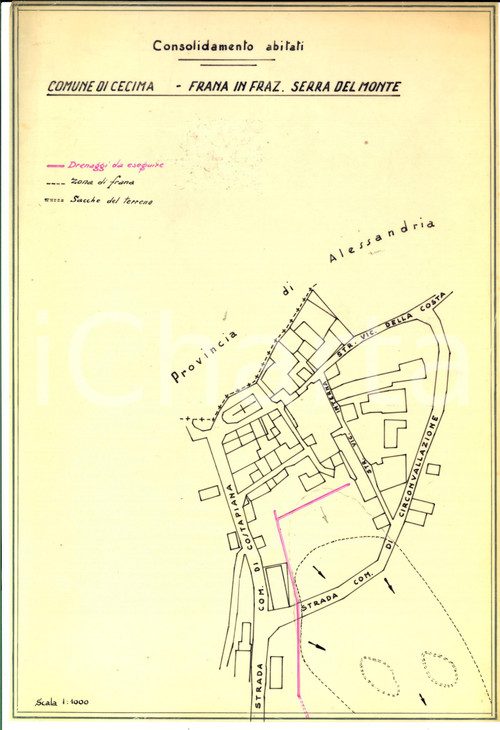 Documento originale, autentico 1950 ca CECIMA (PV) Frazione SERRA DEL MONTE - Mappa abitati colpiti da frana 1