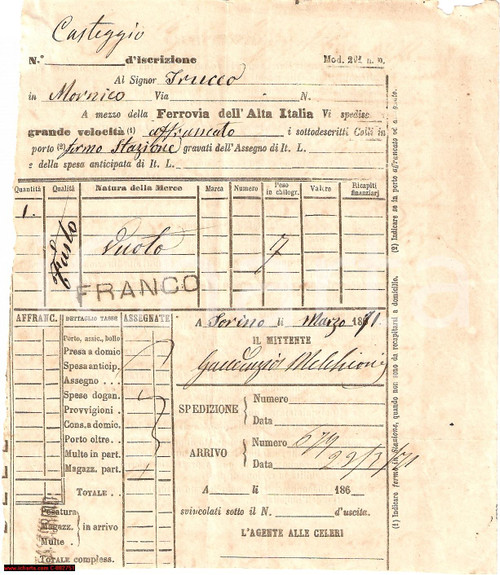 Documento originale, autentico 1871 CASTEGGIO Ferrovie Alta Italia - Ricevuta Gaudenzio MELCHIONI - Fusti 1
